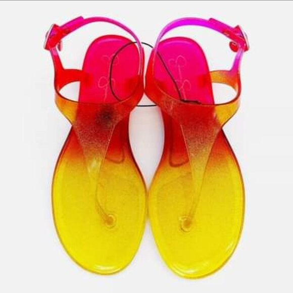 Jessica Simpson 6 Jelly Sandals Pink Yellow Ombre Glitter T-Strap Buckle Summer - Picture 13 of 14